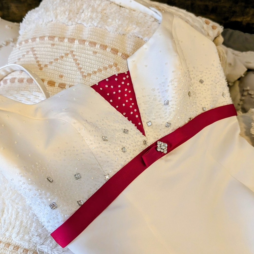Women's White Wedding Dress with Burgundy Accents